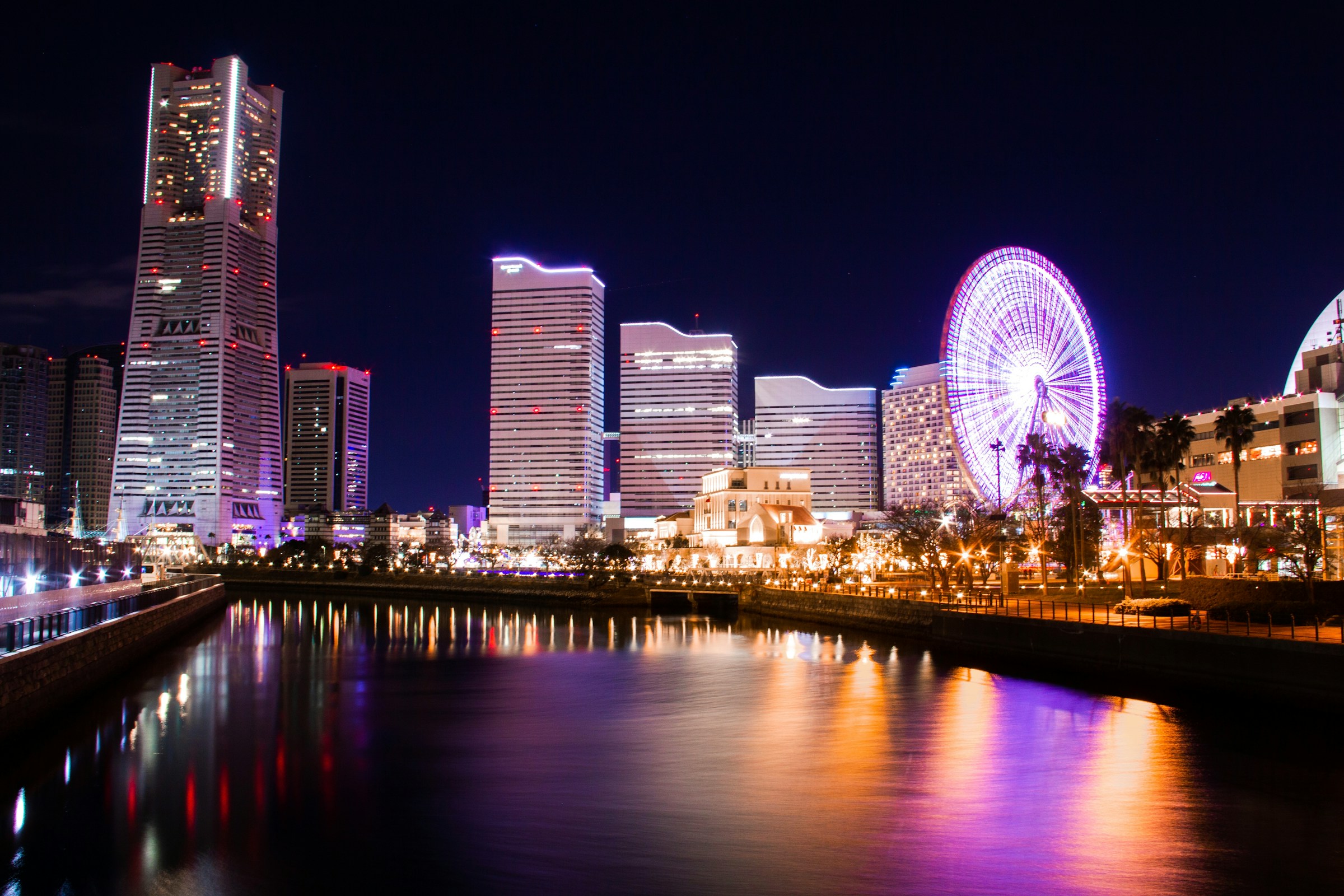 Vibrant colors of Yokohama Harbour at night
